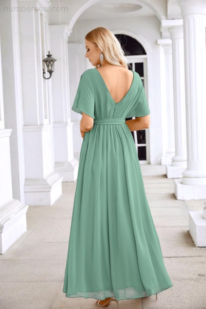 Robe de soirée longue jusqu'au sol pour demoiselle d'honneur, manches en mousseline, encolure ronde, fente avant, pour mariage et fête 28124
