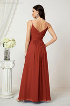 Chiffon V-Neck Bridesmaid Dress Spaghetti Strap Long Formal Party Prom Gowns with Slit 28010