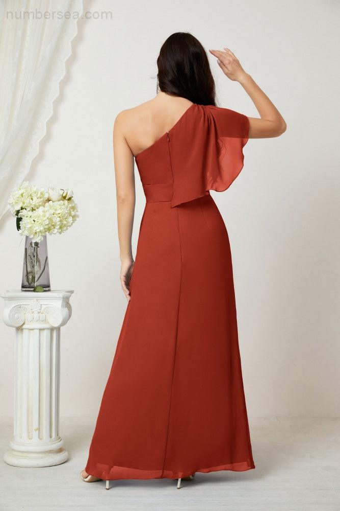 Chiffon Ruffled One Shoulder Long Bridesmaid Dresses A-line Formal Evening Gown Side Split 2809
