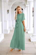 Robe de soirée longue jusqu'au sol pour demoiselle d'honneur, manches en mousseline, encolure ronde, fente avant, pour mariage et fête 28124