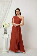 Chiffon Ruffled One Shoulder Long Bridesmaid Dresses A-line Formal Evening Gown Side Split 2809