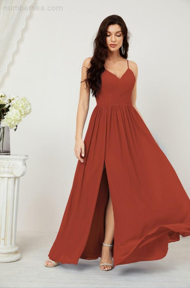 Neck Bridesmaid Dresses Chiffon Long Spaghetti A-line Formal Prom Gown for Wedding Party Evening 2801