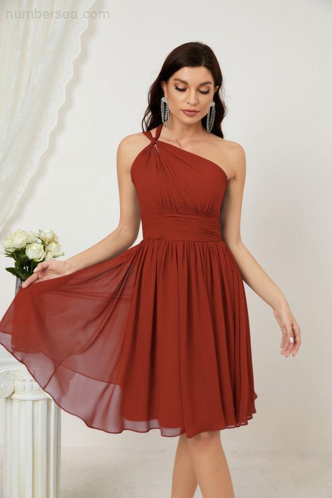 Women Chiffon Short One Shoulder Bridesmaid Dress Formal Dresses for Party Homecoming  2804