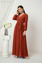 Evening Dresses Deep V-Neck Chiffon Bridesmaid Dresses Long Bishop Sleeve Side Split Formal Dress 2806