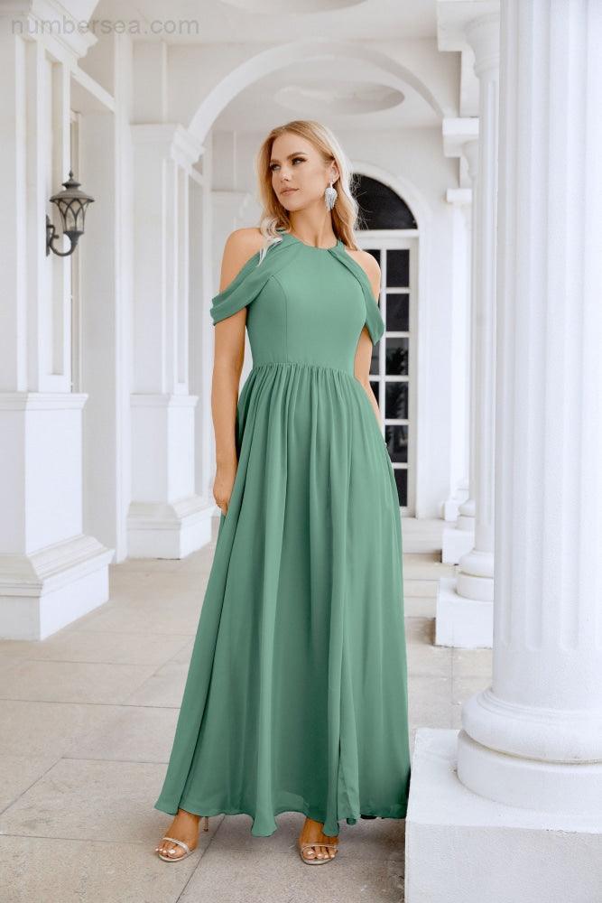 Abito da sera da damigella in chiffon con spalle scoperte, maniche a campana e spacco frontale, abito da festa nuziale 28117
