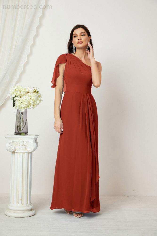 Chiffon Ruffled One Shoulder Long Bridesmaid Dresses A-line Formal Evening Gown Side Split 2809