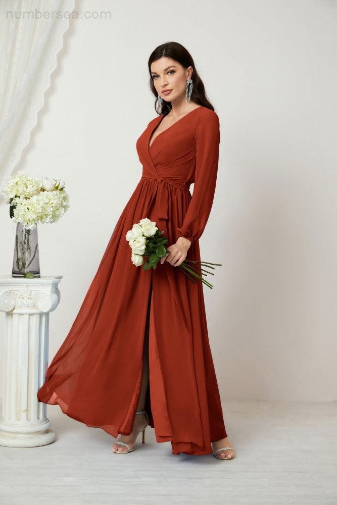 Evening Dresses Deep V-Neck Chiffon Bridesmaid Dresses Long Bishop Sleeve Side Split Formal Dress 2806