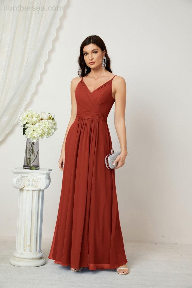 Chiffon V-Neck Bridesmaid Dress Spaghetti Strap Long Formal Party Prom Gowns with Slit 28010