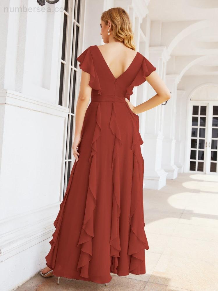 Ruffled Bridesmaid Dresses with Sleeves Long Formal Party Dress 28041