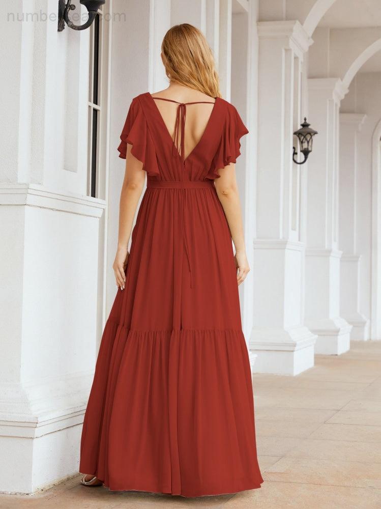 Abiti da sera formali da donna Numbersea con schiena scoperta, scollo a V, lunghi in chiffon, abiti da damigella con cintura in vita 28038