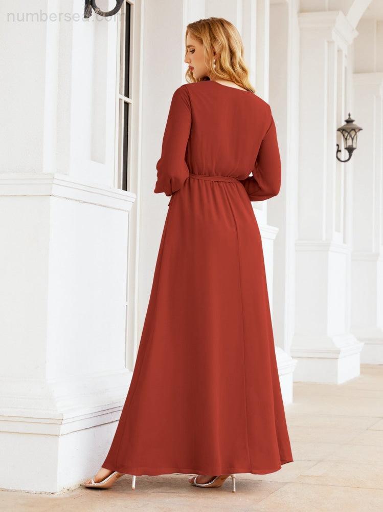 Vestito da damigella d'onore in chiffon da donna Numbersea, linea a trapezio, maniche lunghe, abito lungo formale da sera per ospite di matrimonio 28032