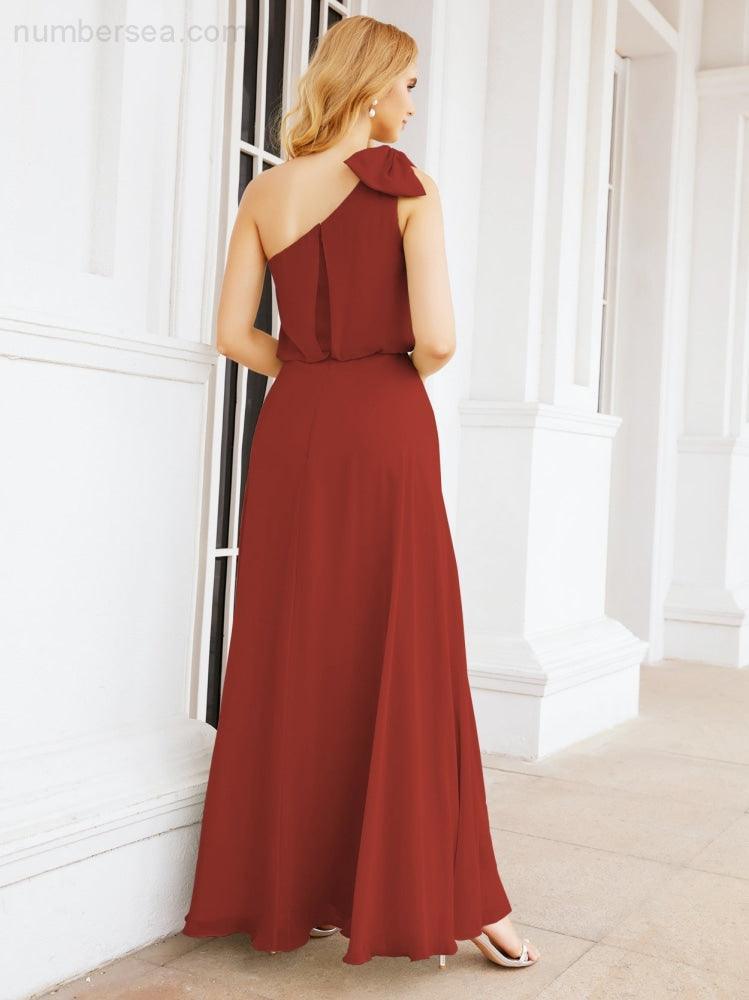 Chiffon Ruffled One Shoulder Sleeveless Long Bride Dresses A-line Formal Evening Gown Side Split 28057