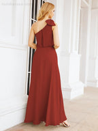 Chiffon Ruffled One Shoulder Sleeveless Long Bride Dresses A-line Formal Evening Gown Side Split 28057