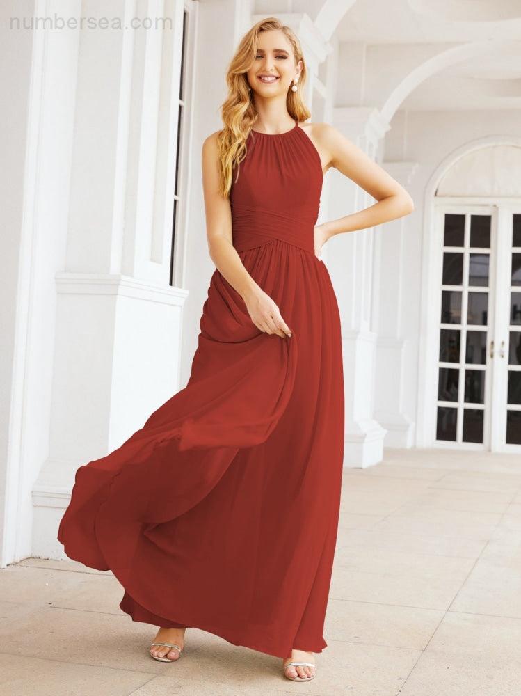 Sleeveless Bridesmaid Dresses Long Prom Gown Zipper with Keyhole Back 28056