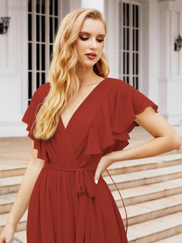 Abiti da sera formali da donna Numbersea con schiena scoperta, scollo a V, lunghi in chiffon, abiti da damigella con cintura in vita 28038
