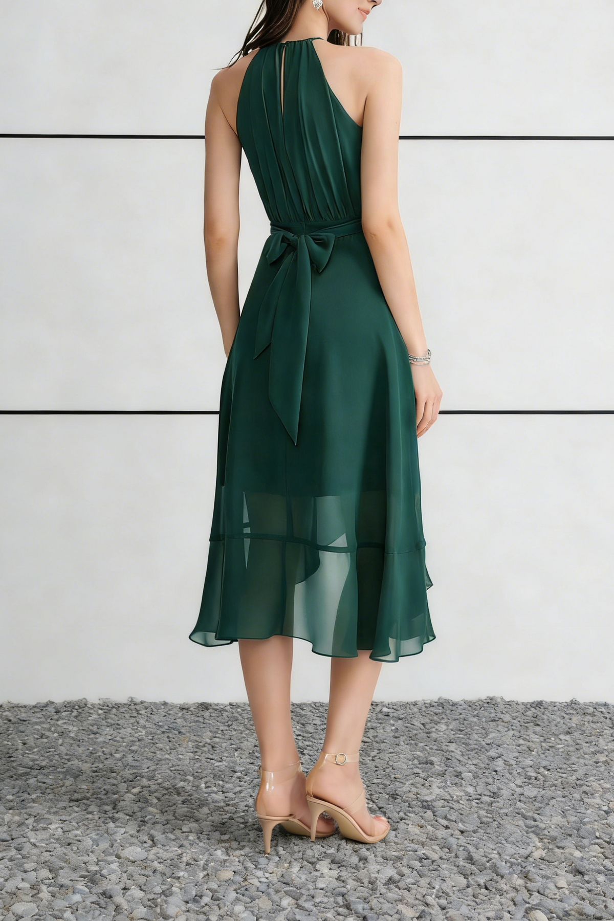 Abito midi verde smeraldo in chiffon con collo all'americana, rifinitura arricciata e cintura da annodare