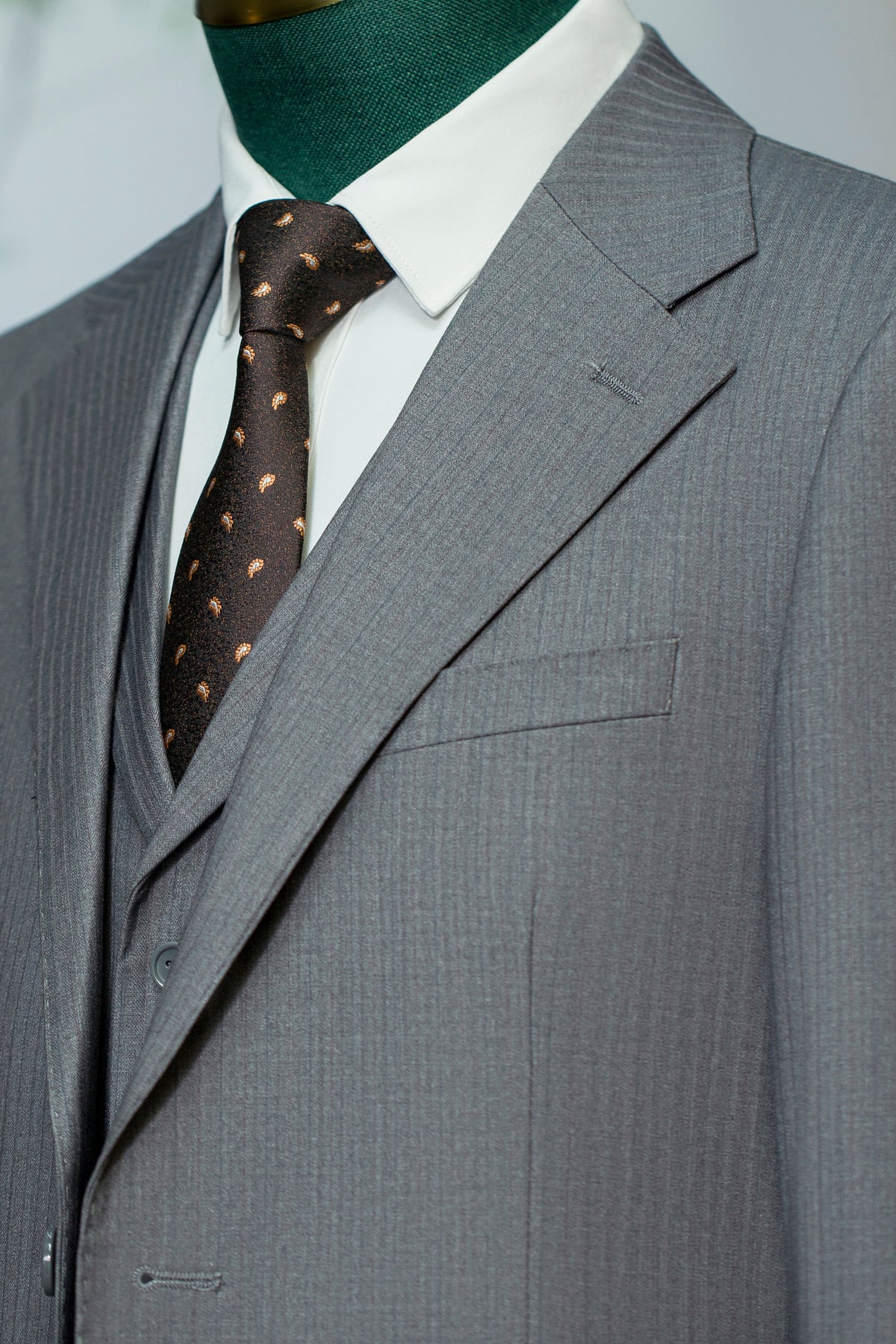 Three Piece Subtle Pinstripe Grey Wool Suit Tailored For Groom And Business