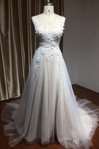 Chic Straps Floral Appliques A Line Side Wedding Dress With Split Backless