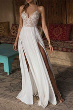 Chiffon Spaghetti Strap Split Lace Wedding Dress For Elegant Brides