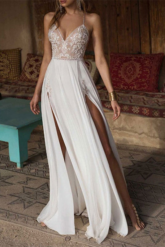Chiffon Spaghetti Strap Split Lace Wedding Dress For Elegant Brides