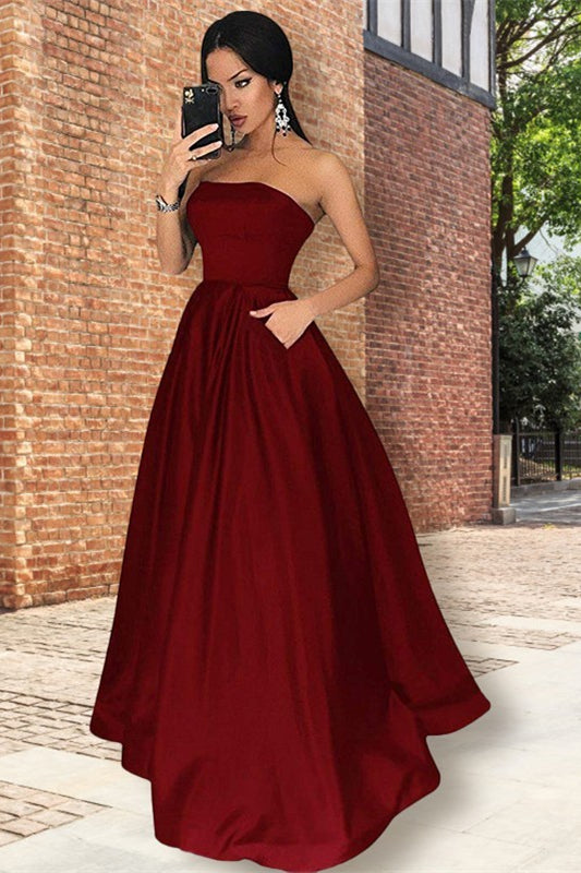 Robe de bal longue en satin, sans bretelles, coupe évasée, avec poches
