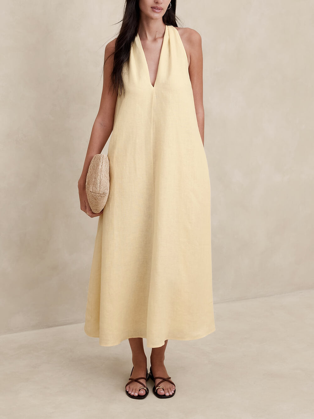 Vestito Midi A-Line con Taschino Posteriore Ritorto Stile Vacanza