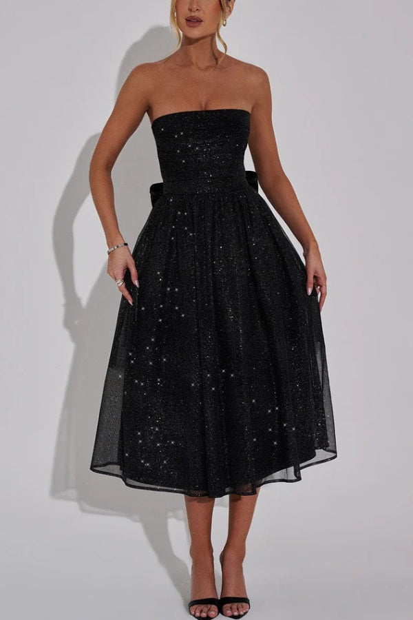 Abito Midi Sexy con Spalle Scoperte, Schiena Nuda e Fiocco