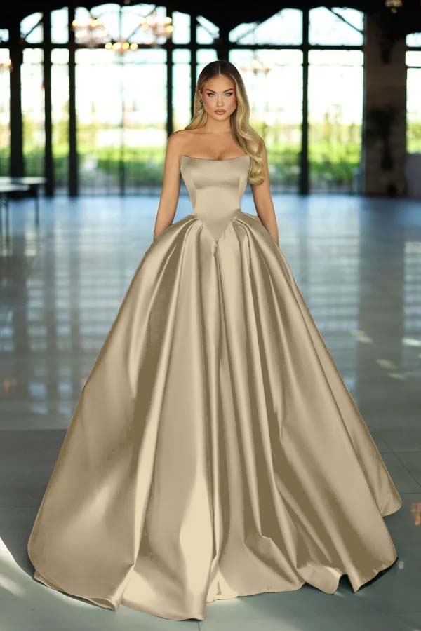 Strapless Sleeveless Long A Line Prom Dress With Pockets Pleated Custom Colors