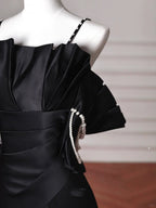 Vestido de noite elegante preto em cetim com alças finas, decote ombro a ombro, corte sereia, vestido de cerimónia Y8641