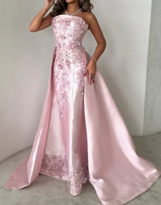 Vestido de Festa Formal Rosa Deslumbrante em Cetim com Aplicações e Sem Alças Y8427