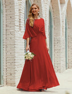 Bridesmaid Dress Women Long Sleeve V-Neck Chiffon Formal Wedding Party Dress 28018