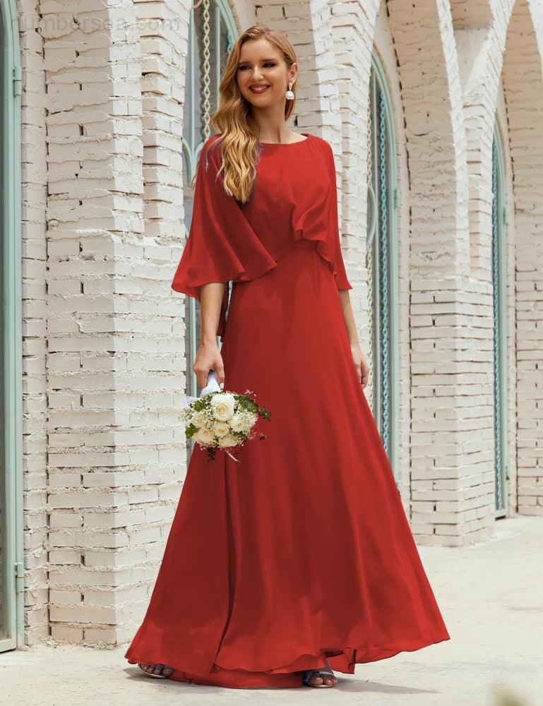 Bridesmaid Dress Women Long Sleeve V-Neck Chiffon Formal Wedding Party Dress 28018