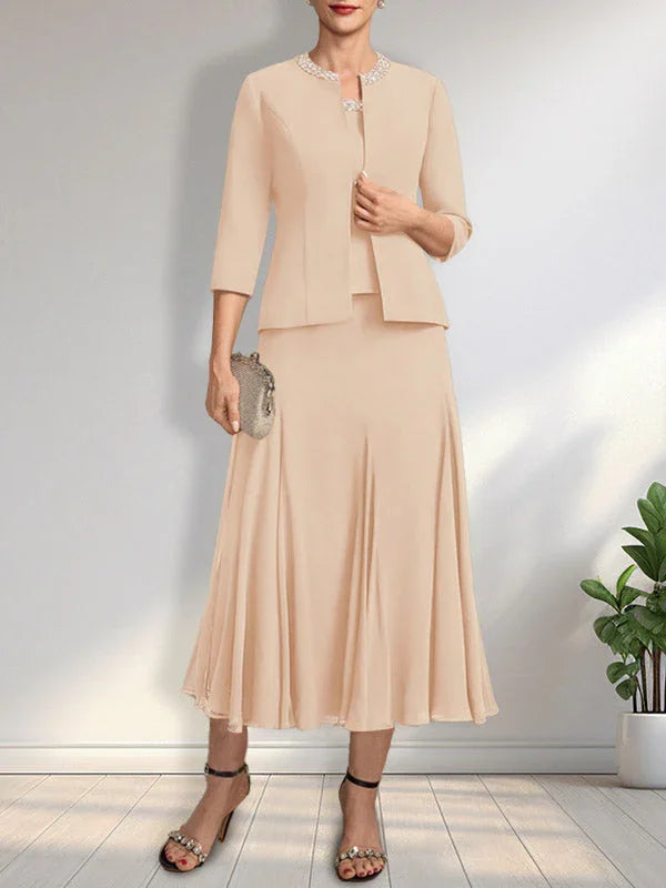 Separates A-line Scoop Tea-Length Chiffon Mother of the Bride Dress With Sequins Beading