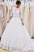 Modest Backless Lace A Line Wedding Dress With Long Sleeves