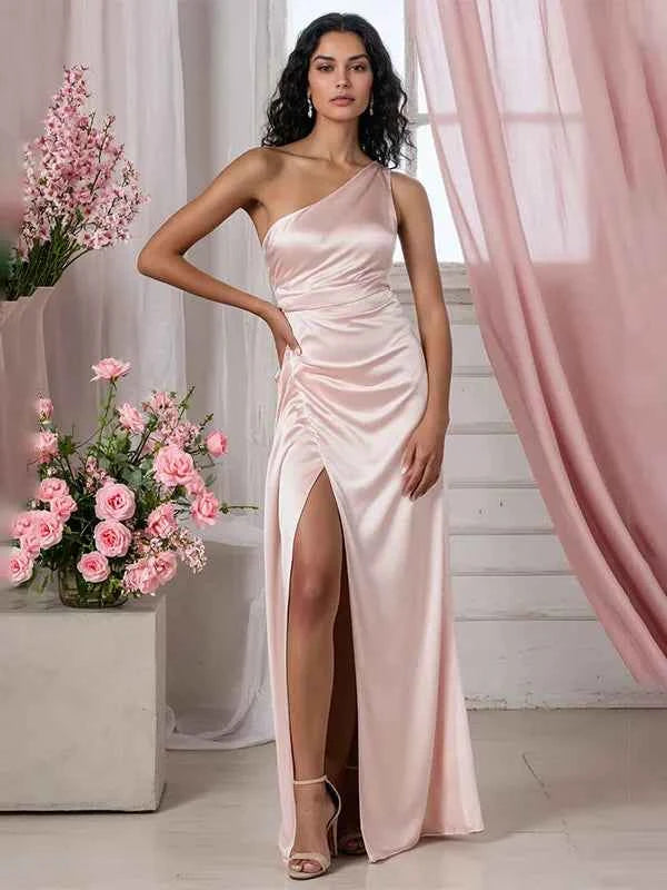 Pink One Shoulder Evening Dress Pleated Bodice And High Slit Mermaid Fishtail