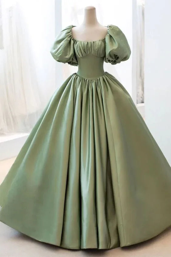 Vestido longo de baile em cetim com saia rodada, vestido de noite com mangas curtas Y4313