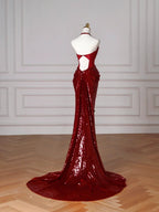 Vestido de Noite Sexy Borgonha com Lantejoulas, Alças ao Pescoço, Decote em V, Sem Costas, Estilo Sereia Y8628