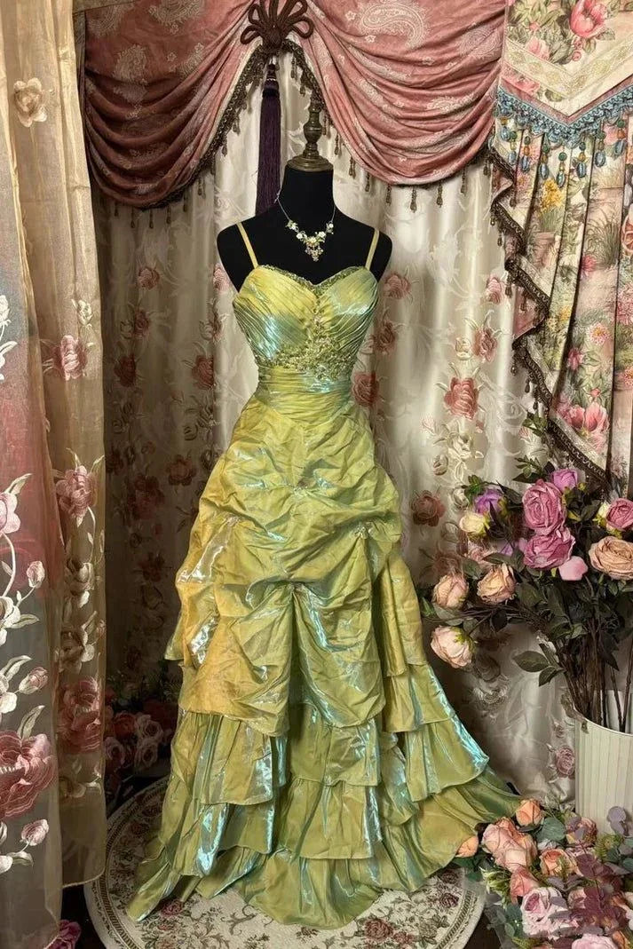 Vestido de Baile Longo Vintage Verde Sábio em Linha-A com Alças Finas e Brilhante, Vestido de Noite com Contas Y8517