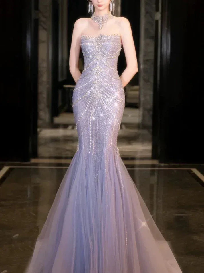Vestido de Noiva e Baile de Finalistas em Tule Lilás Deslumbrante com Contas, Vestido de Noite Sereia Y8057