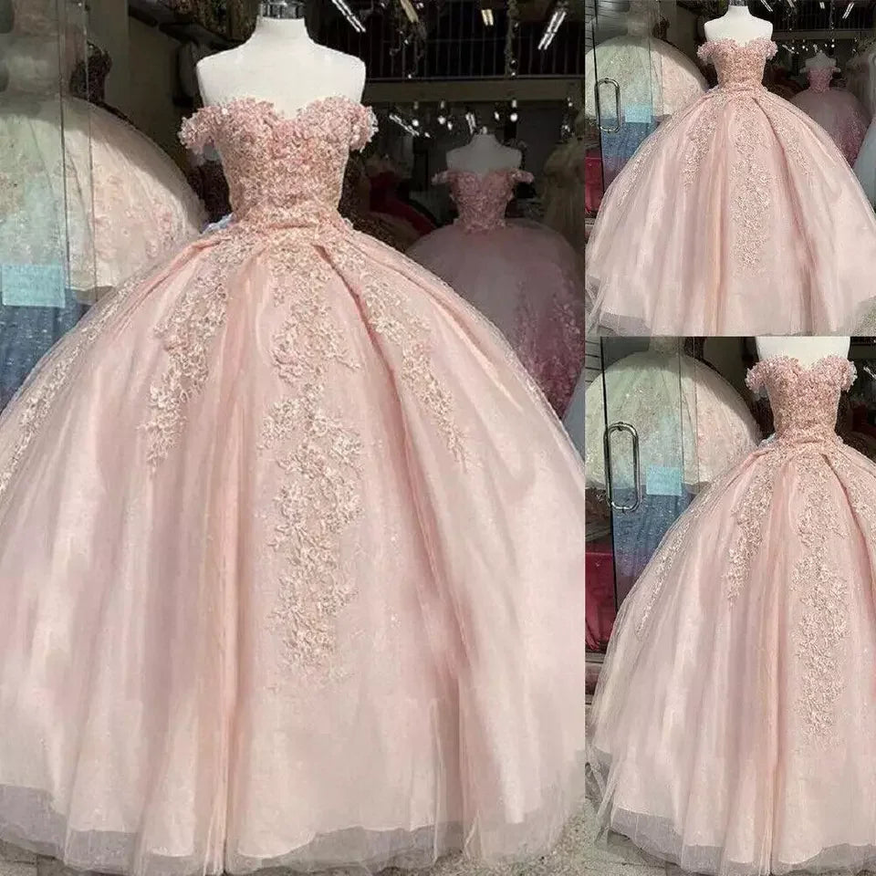 Vestidos de Quinceanera Rosa com Ombros Descobertos, Aplicação de Renda, Vestido Doce 16, Vestido de Baile Y395