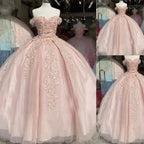 Vestidos de Quinceanera Rosa com Ombros Descobertos, Aplicação de Renda, Vestido Doce 16, Vestido de Baile Y395