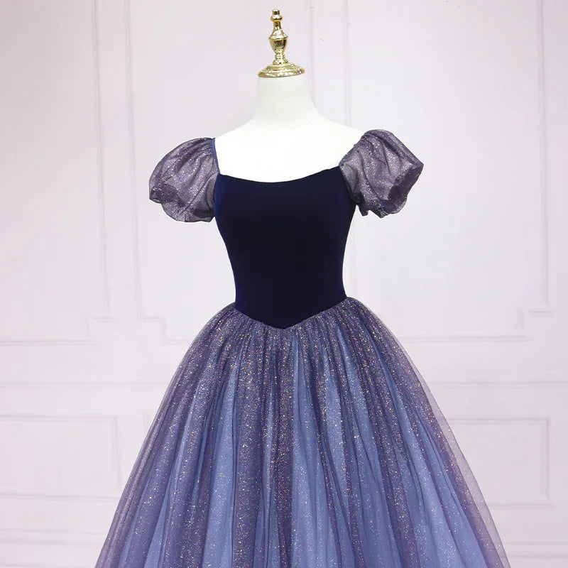 Vestido de Noite Princesa Azul Céu Estrelado Vestido de Noite em Linha A s03