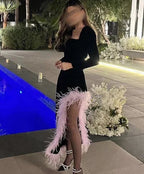 Chic Black Long Sleeves Evening Dress With Feathers Y6724