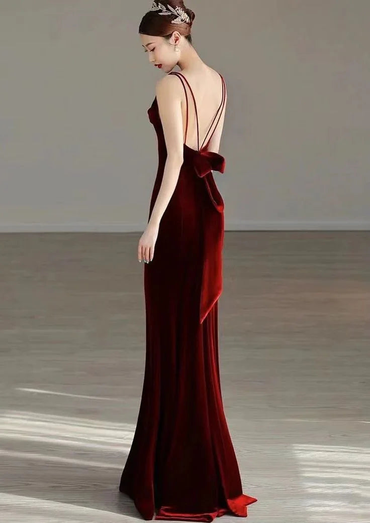 Vestido de noche largo de sirena de terciopelo rojo elegante Vestido largo de gala Y7824