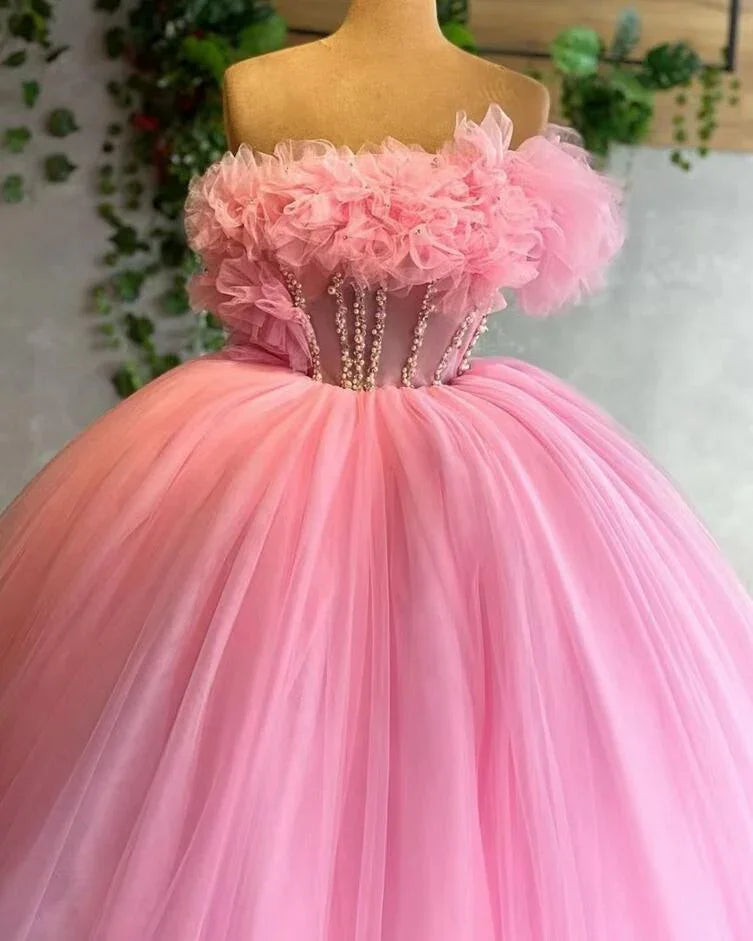 rosa Abschlussballkleider, Rüschenschwanz Abschlussballkleider, Ballkleid, bauschige Abschlussballkleider, Tüllabendkleider, neu eingetroffene Abendkleider Y1492