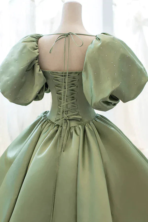 Vestido longo de baile em cetim com saia rodada, vestido de noite com mangas curtas Y4313