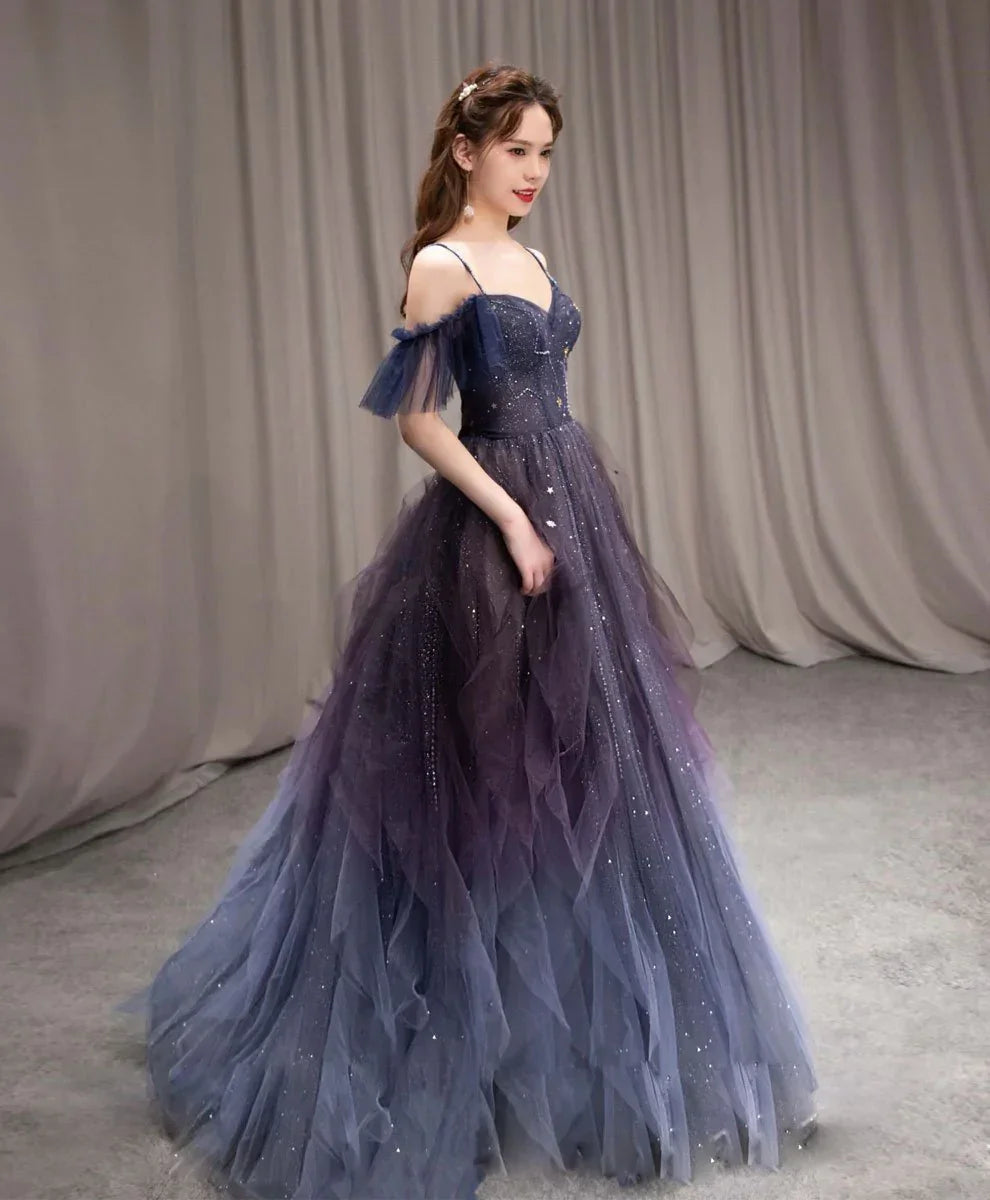 Dunkler sternklarer Himmel lila Tüll langes Abschlussballkleid A-Linien Abendkleid Y924