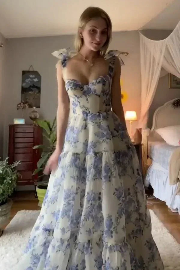 A-line Blue Floral Print Long Prom Dress Blue Evening Dress Y2560
