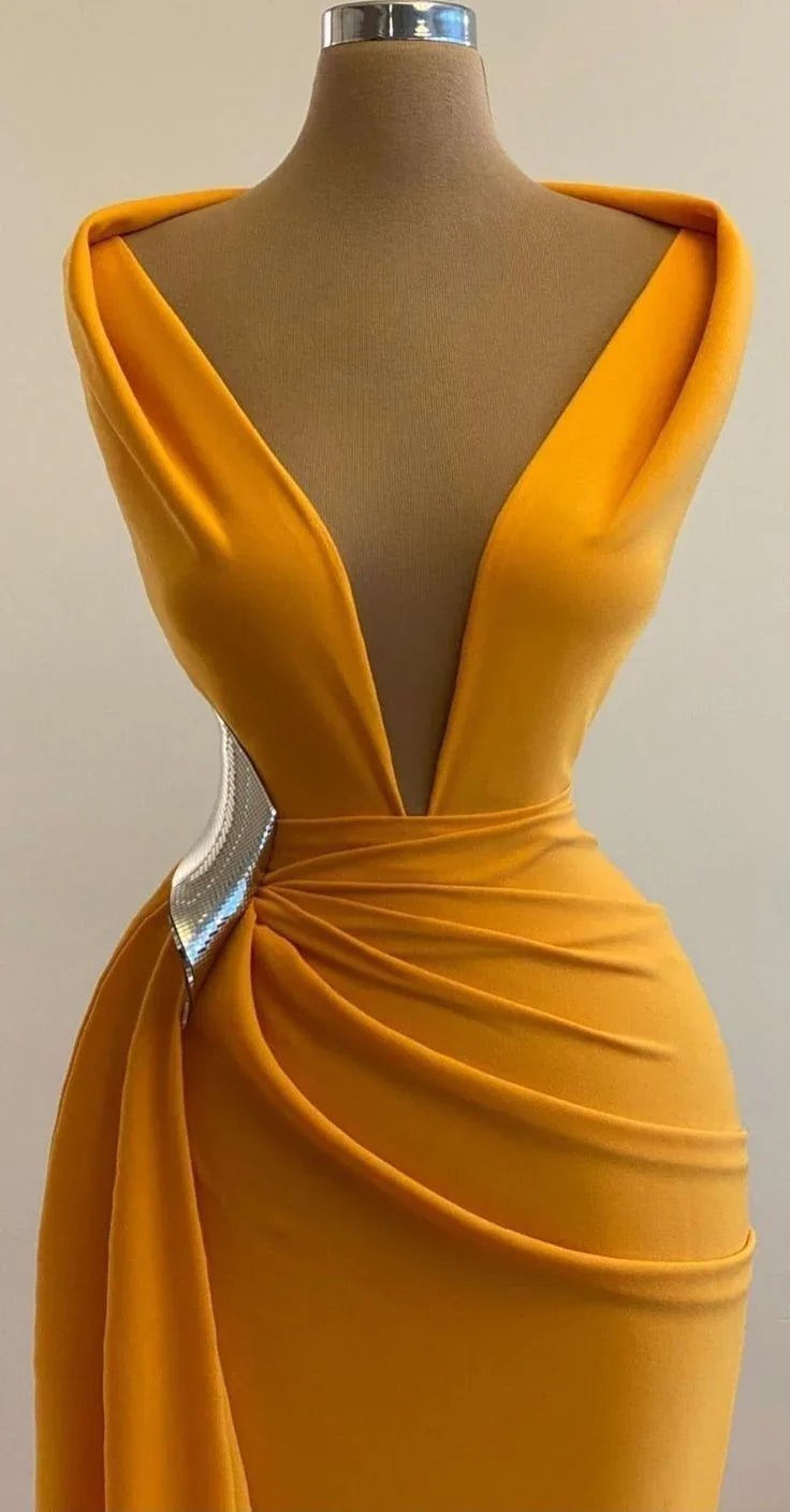 Gelbes Meerjungfrauen-Abendkleid mit tiefem V-Ausschnitt, sexy Abendkleid, Cocktailparty, Schleppe, festliche Kleidung Y4931