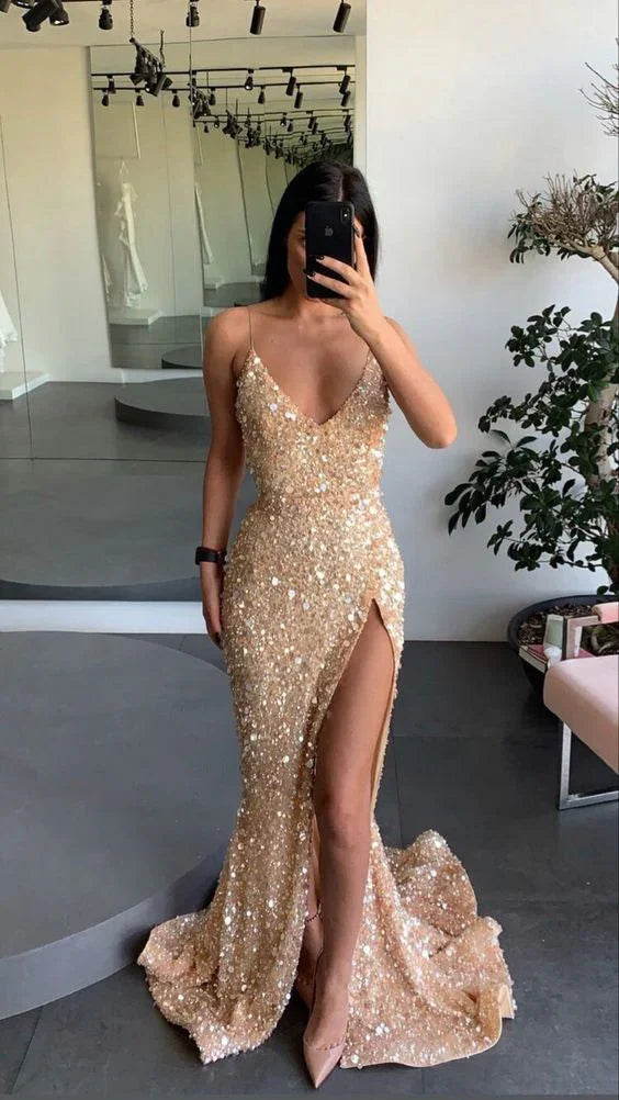 Goldenes Verlobungskleid mit Spaghettiträgern, Ballkleid mit Beinschlitz, Paillettenabendkleid Y71